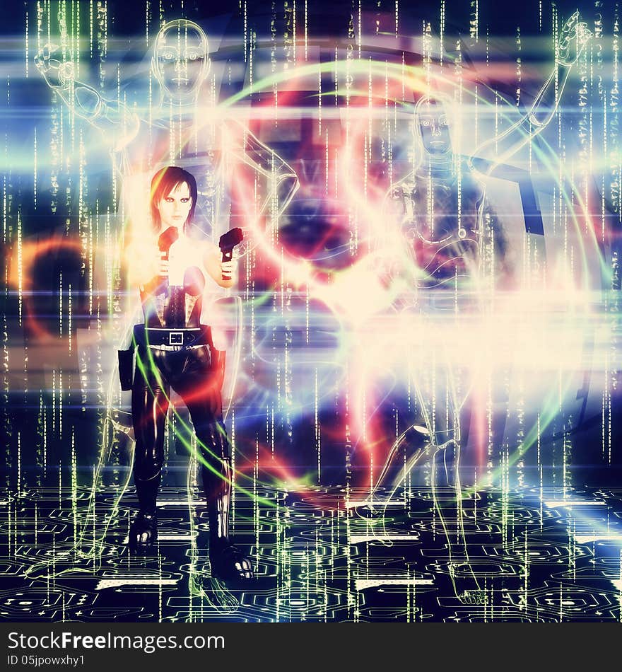 Abstract futuristic background with a shooting 3d woman in black. Abstract futuristic background with a shooting 3d woman in black.