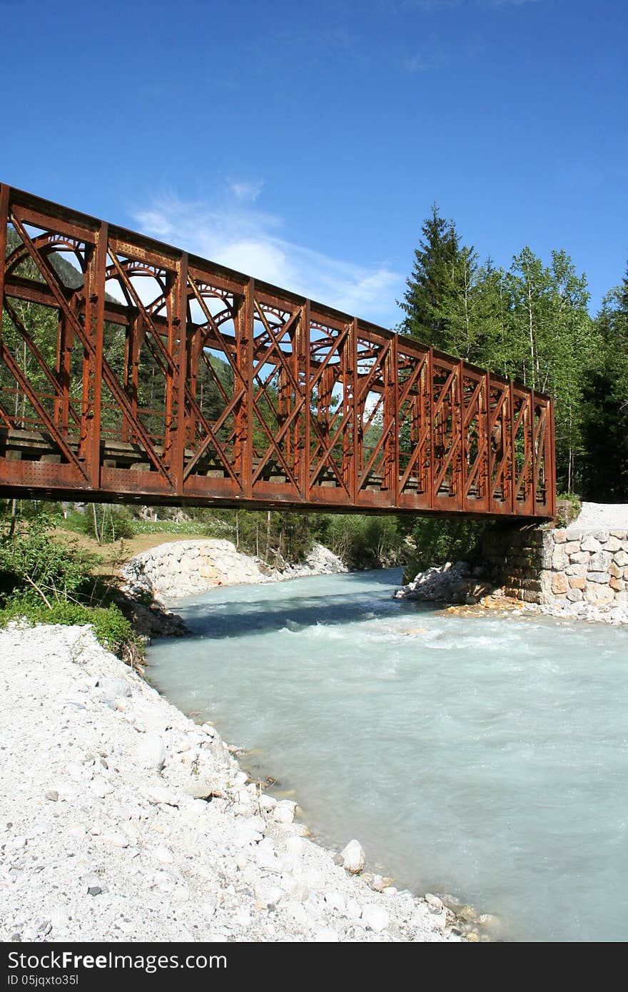 Old metal bridge on Sava river in Slovenia