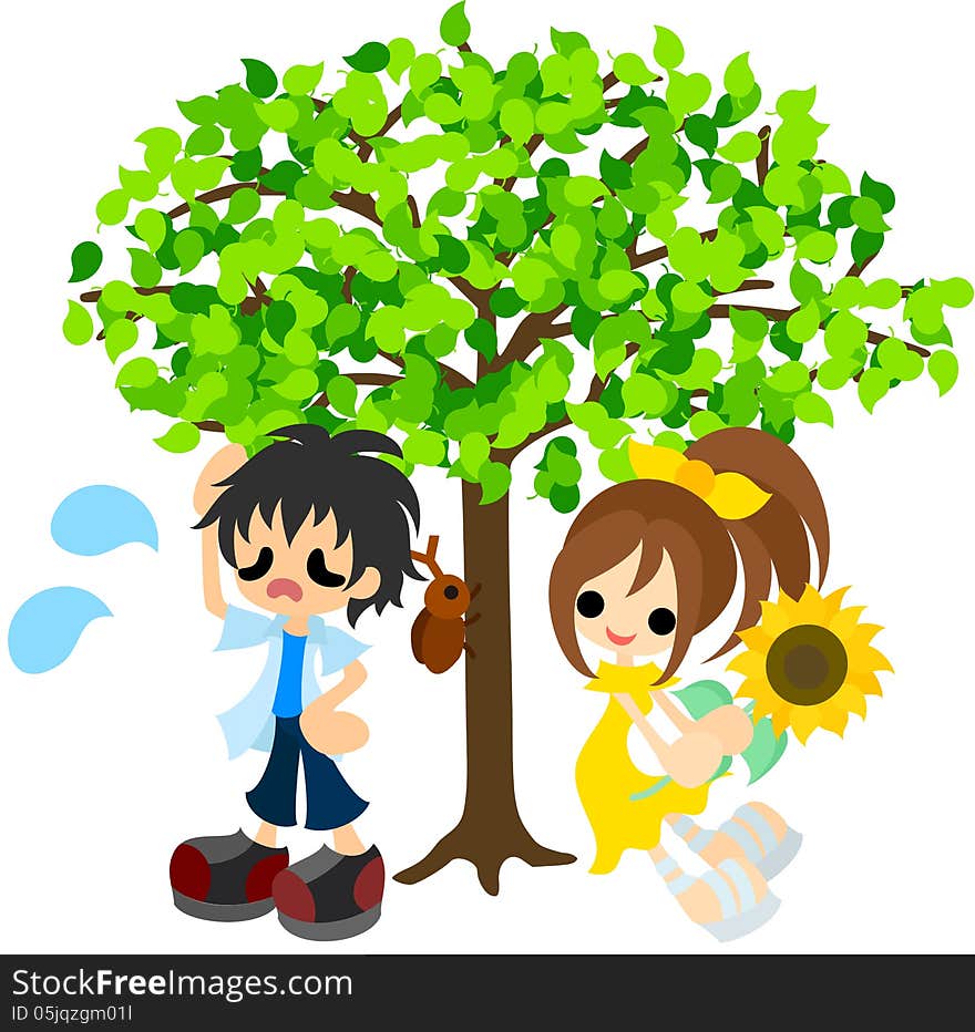 A boy and girl resting in the shade of a tree in a hot day. A boy and girl resting in the shade of a tree in a hot day.