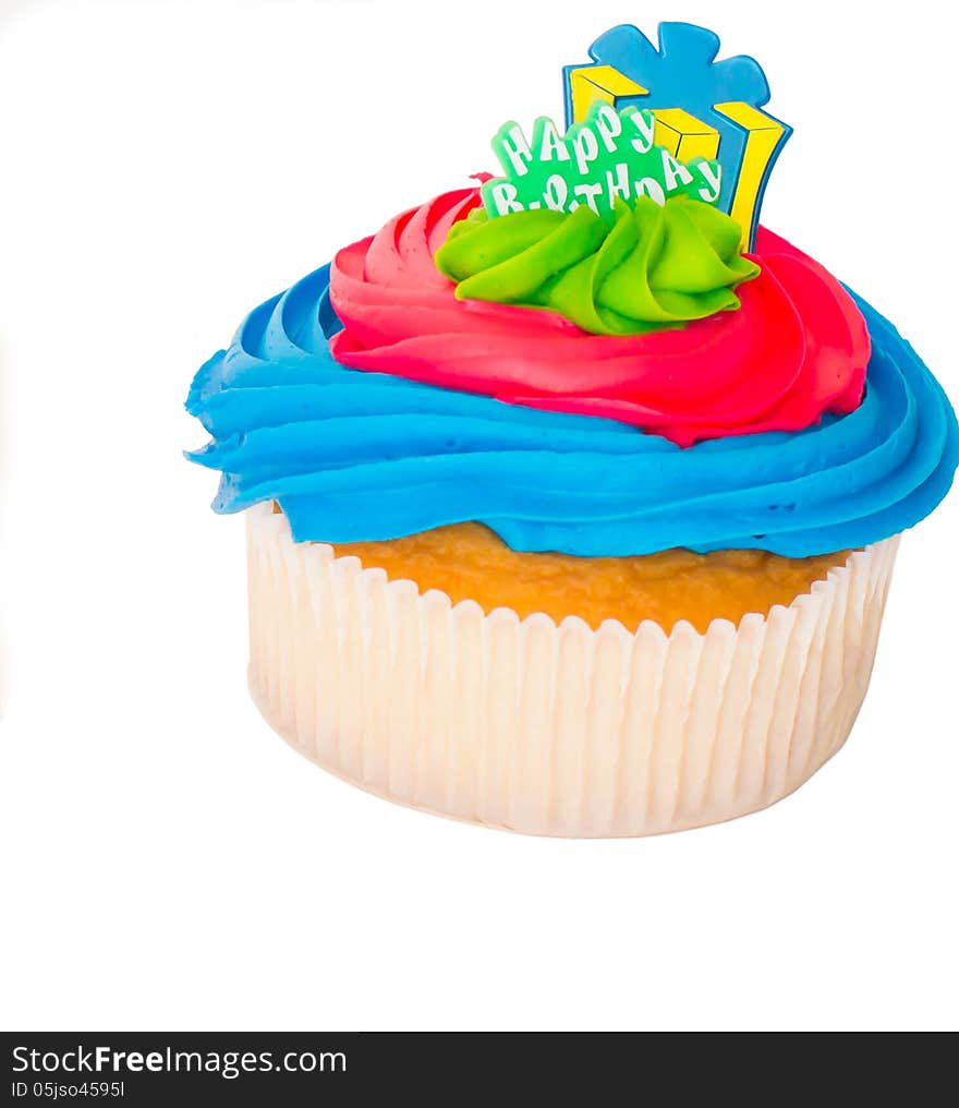 Happy Birthday cupcake on a white background