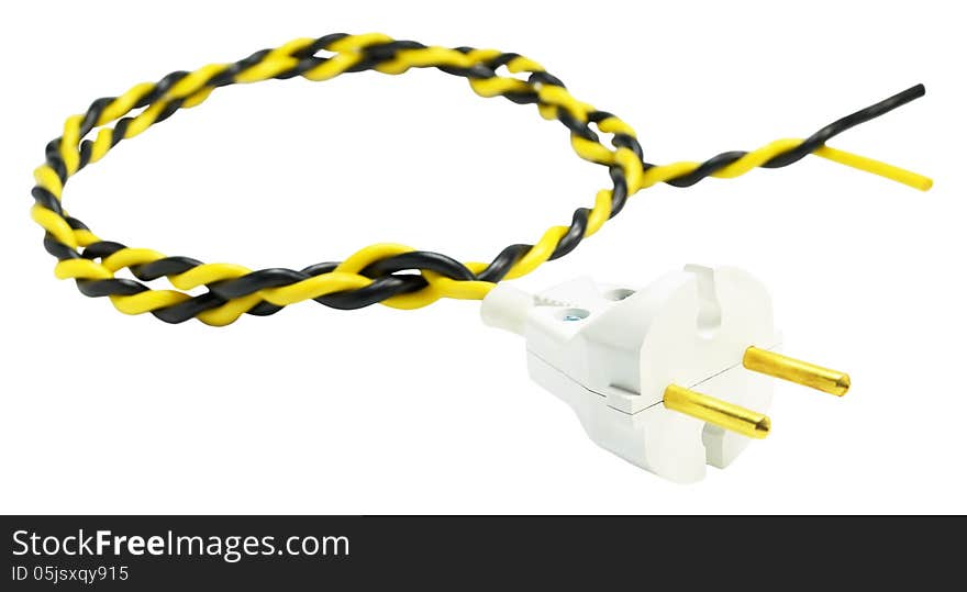 Electric plug with yellow-black wire, twisted the ring, isolated on white background. Electric plug with yellow-black wire, twisted the ring, isolated on white background