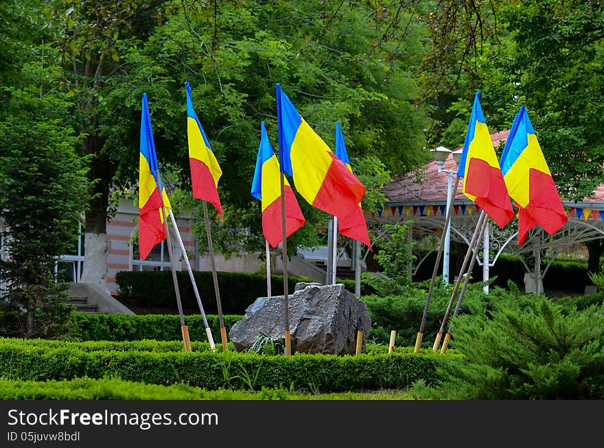 Romanian flags in a park