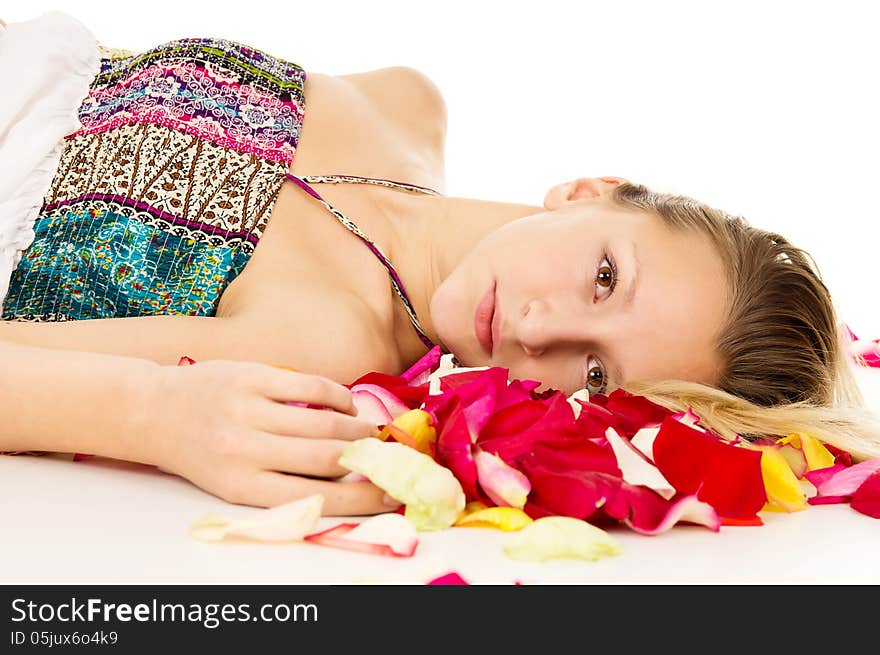 Portrait Of A Beautiful Girl With Rose Petals