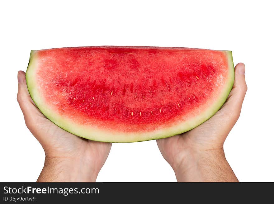 Fresh cold watermelon ready to eat. Horizontal shot and isolated on a white background.