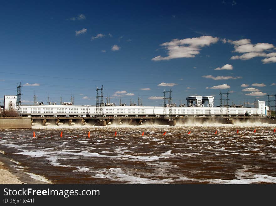 Hydroelectric power station in solar summer day. Russia. Perm.