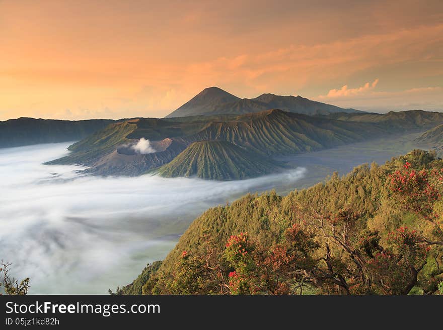 Bromo Mountain in Tengger Semeru National Park at sunrise