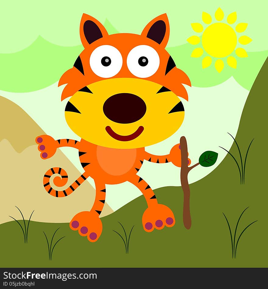 Illustration of a tiger hiking on a mountain. Illustration of a tiger hiking on a mountain