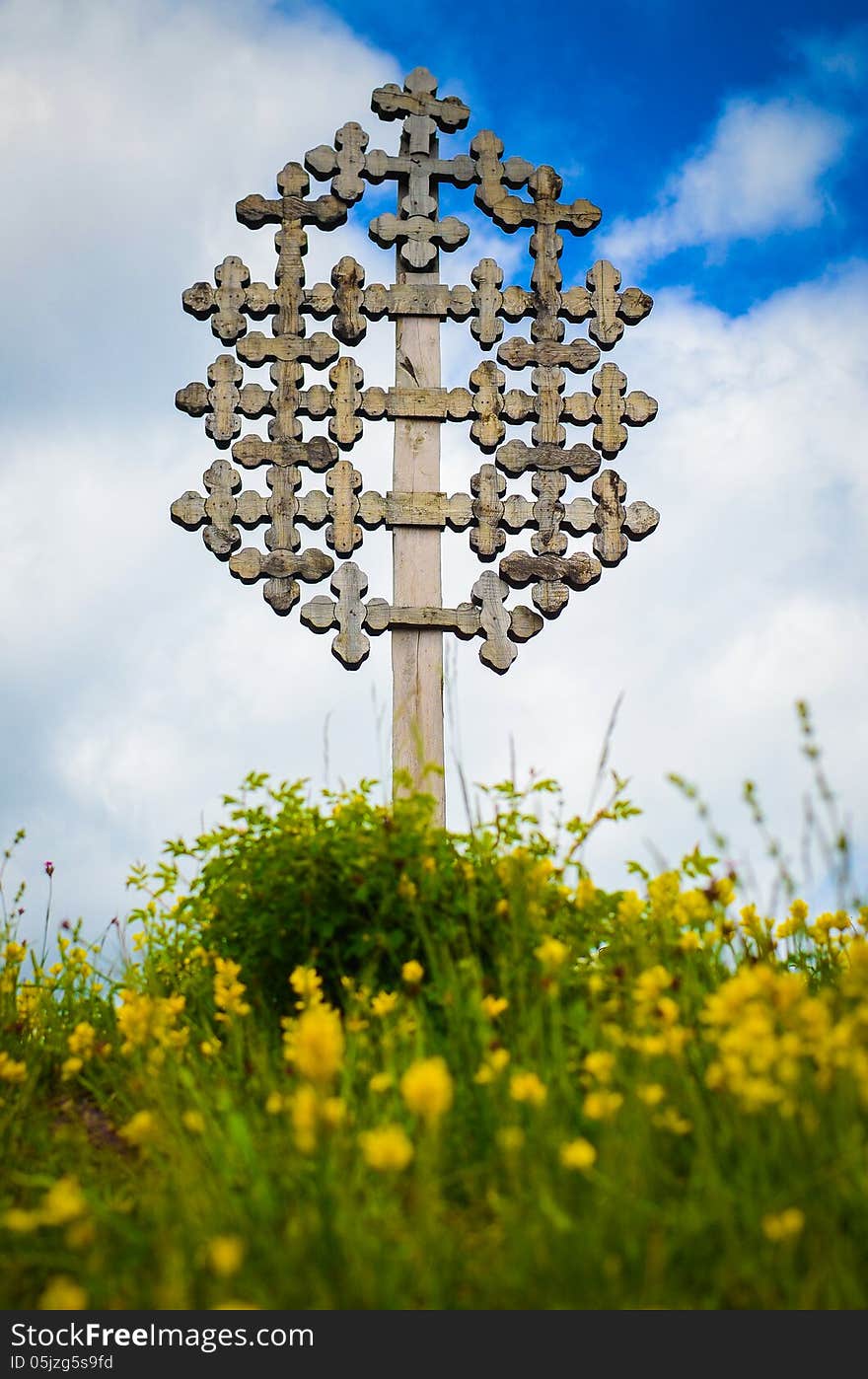 Decorated orthodox cross in Carpathians Mountains, Romania