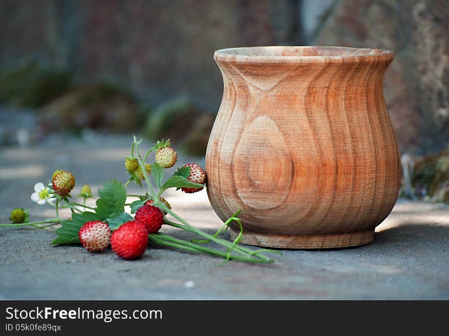 The branch of strawberry on a stone near the wooden pot