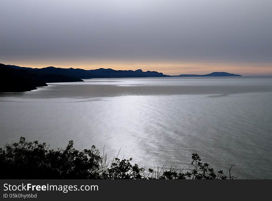 Silhouette of the mountains to the coast of the Black Sea, Crimea peninsula