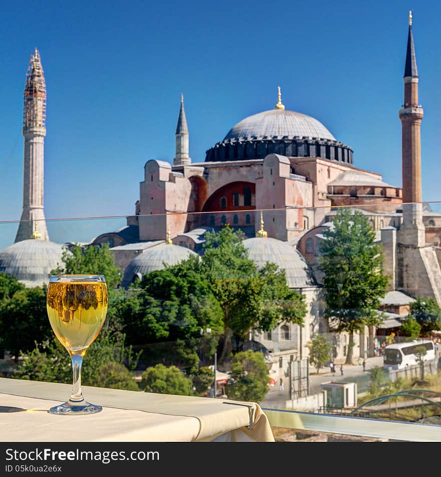 View of the Hagia Sophia from the restaurant, Istanbul