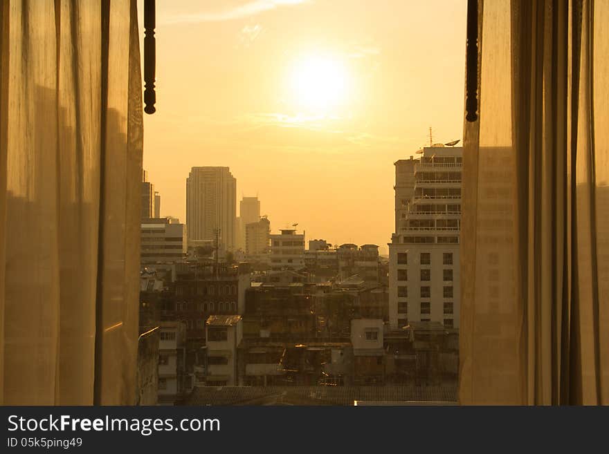 Sunset in the city ,evening warm light in bangkok,thailand