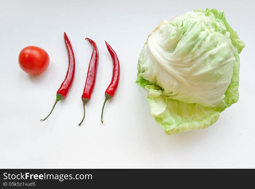 Vegetables &x28;tomato, three chili and  cabbage&x29; on а white background