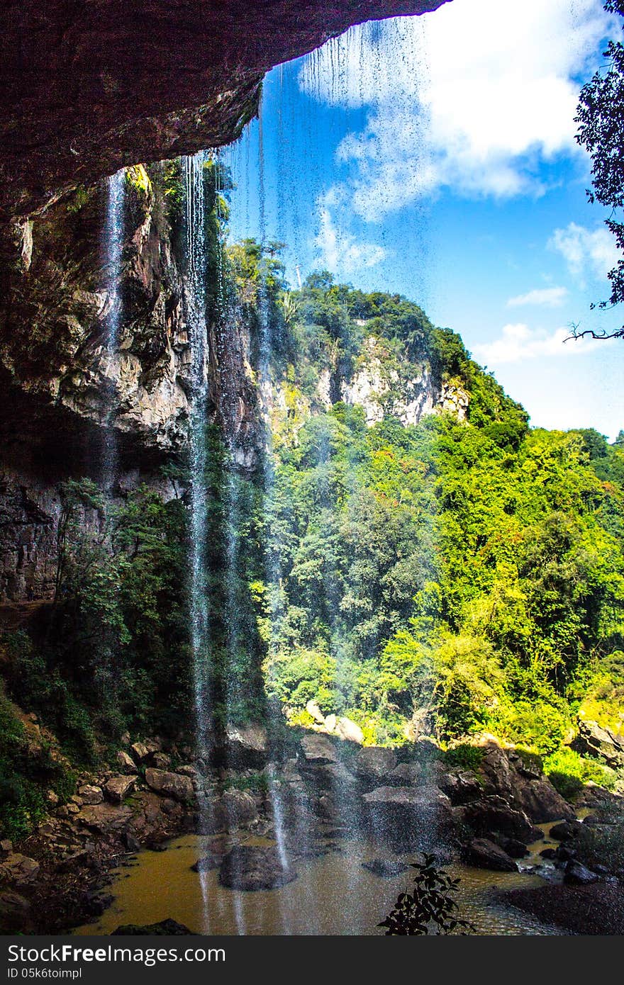 Detail of cascade waterfall in green area preserved