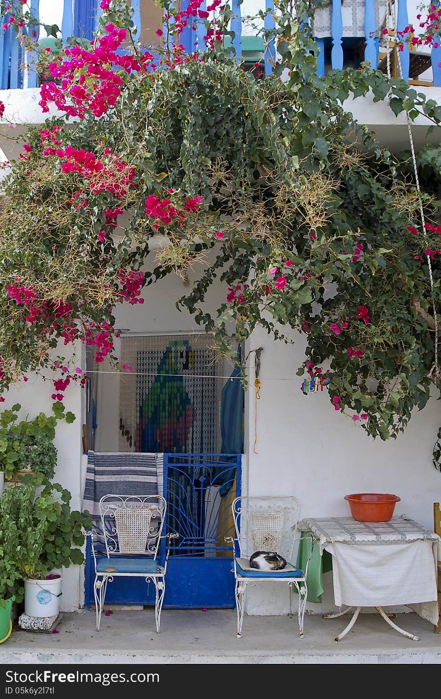 Typical Greek white and blue house