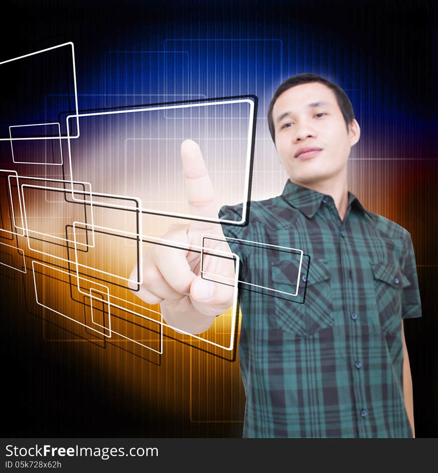 Asian Man With Touchscreen Interface