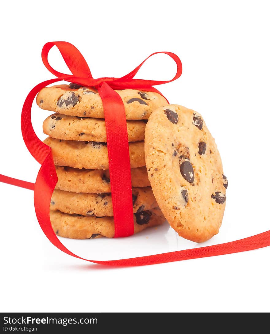 Stack of delicious cookies with chocolate chips & ribbon, food photos. Stack of delicious cookies with chocolate chips & ribbon, food photos