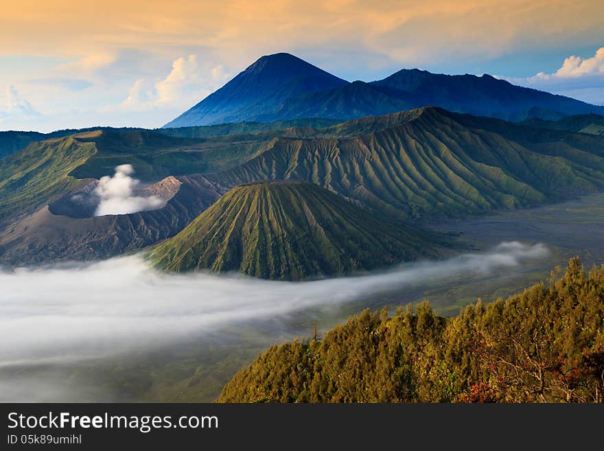 Bromo Mountain in Tengger Semeru National Park at sunrise, East Java, Indonesia