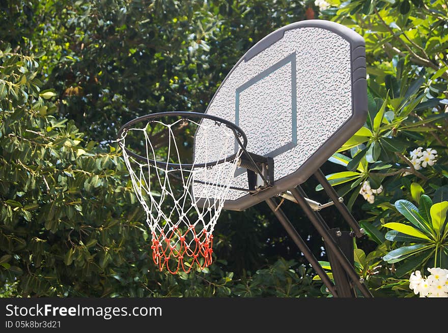 Gray and white basketball hoop at a backyard