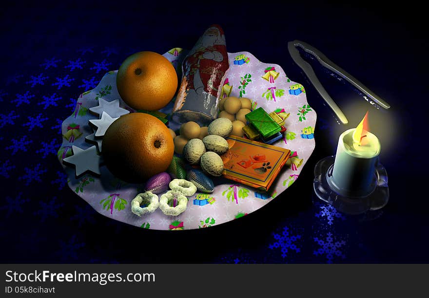 Decorated Christmas dish with fruit and sweets, beside a romantic candle.