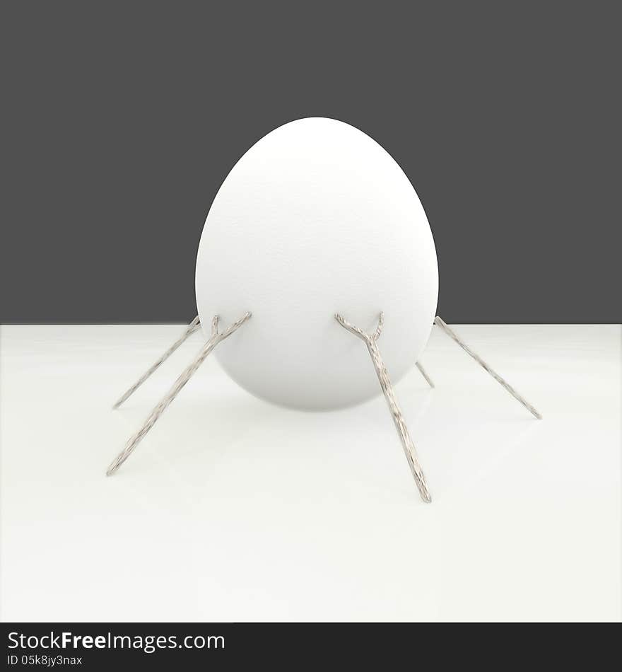 Conceptual image with one standing vertical egg supported by small sticks. Conceptual image with one standing vertical egg supported by small sticks