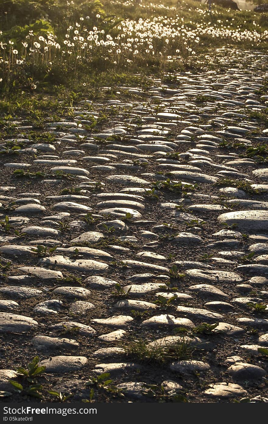 Stone pavement illuminated by the evening sun. Macro. Stone pavement illuminated by the evening sun. Macro