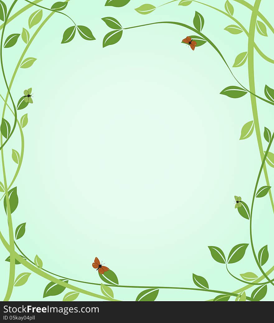 Floral green background with butterflies on leaves