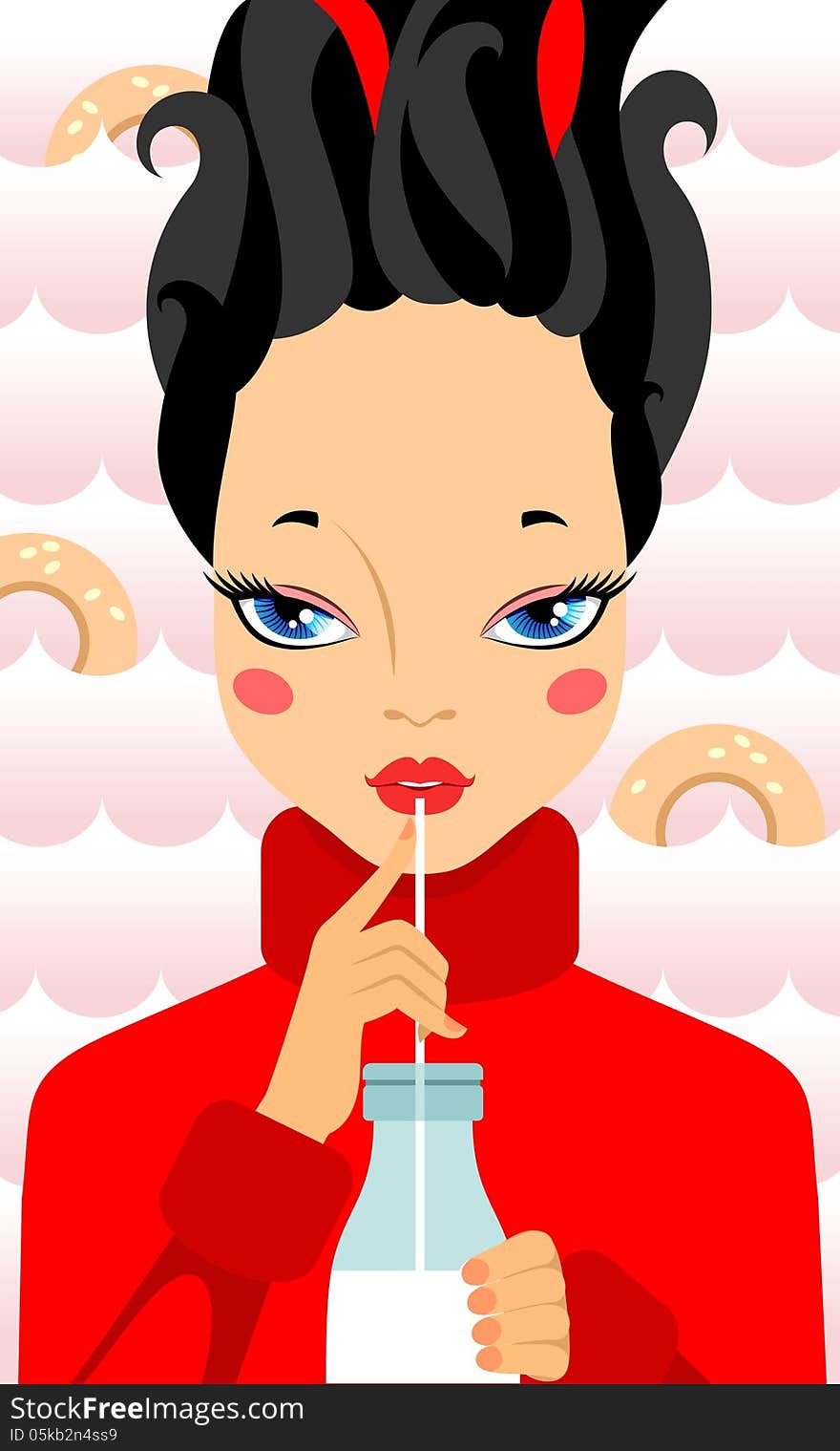 Close-up. Girl in red sweater, with black hair drinks milk through a straw. In the background dairy waves and bagels