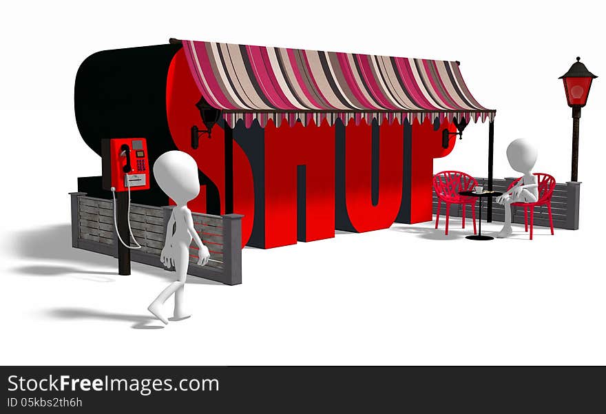 Illustration of abstract 3d shop with person walking and another sat outside, white background. Illustration of abstract 3d shop with person walking and another sat outside, white background.