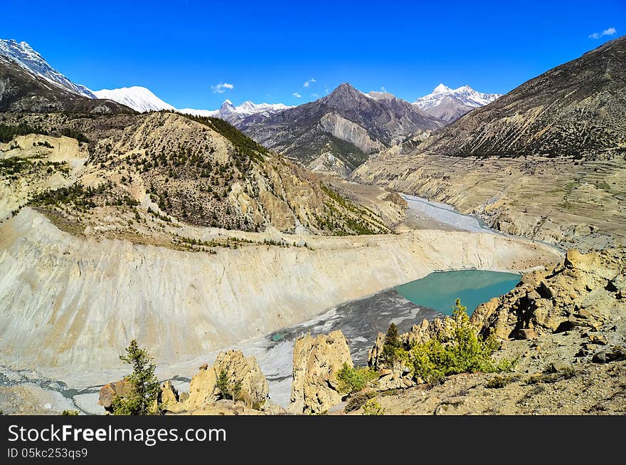 Himalayas mountain peaks and lake in Annapurna region, Gangapurna, Manang, Nepal