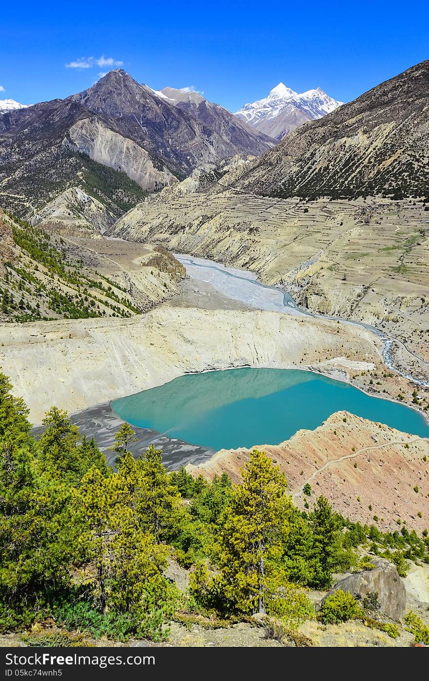 Himalayas mountain peaks and lake in the foreground