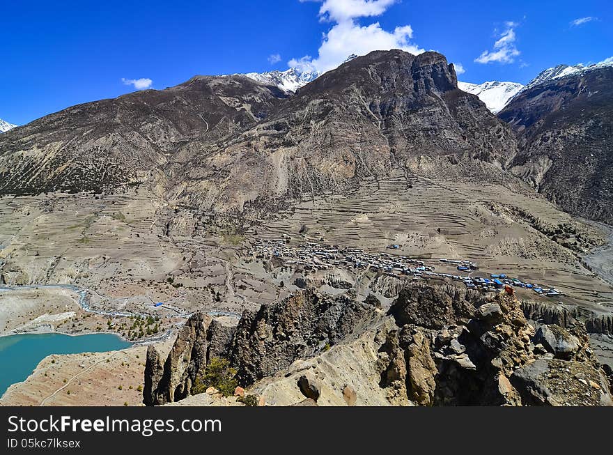 Himalayas mountain village Manang on the hills, Nepal. Himalayas mountain village Manang on the hills, Nepal