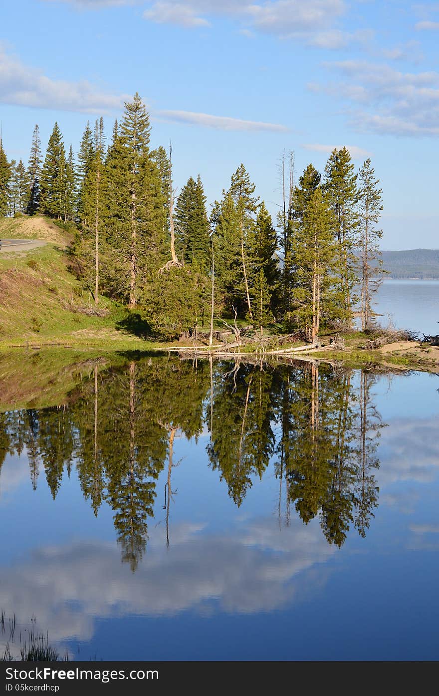 The shoreline reflecting in a small inlet at sunrise. The shoreline reflecting in a small inlet at sunrise