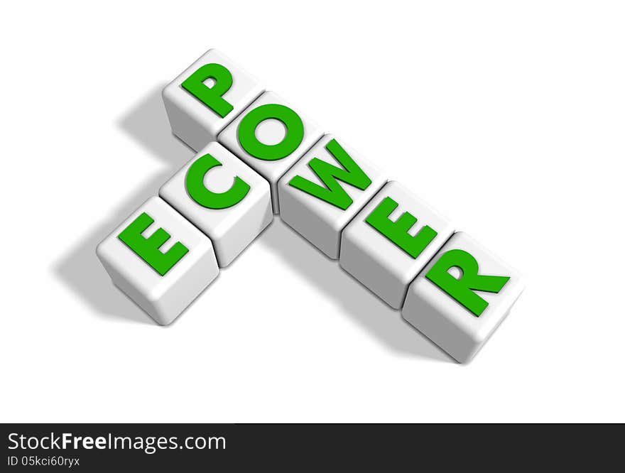 3d illustration of letter blocks spelling eco power, white background.