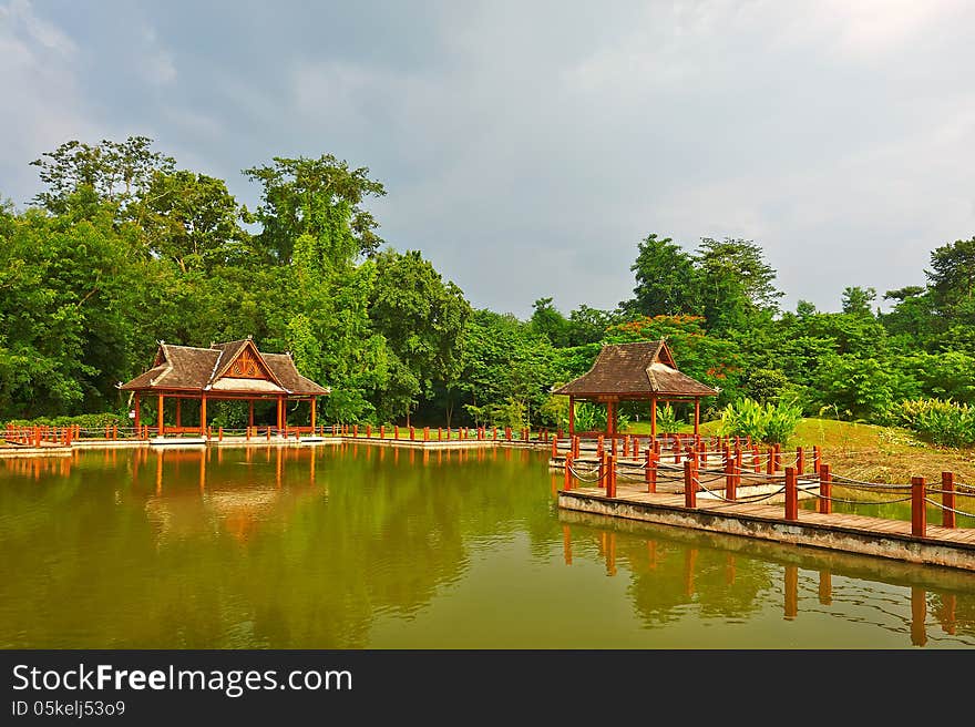 The winding path and pavilion of lakeside