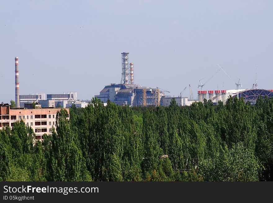 Pripyat city and Chernobyl Nuclear Power Plant view