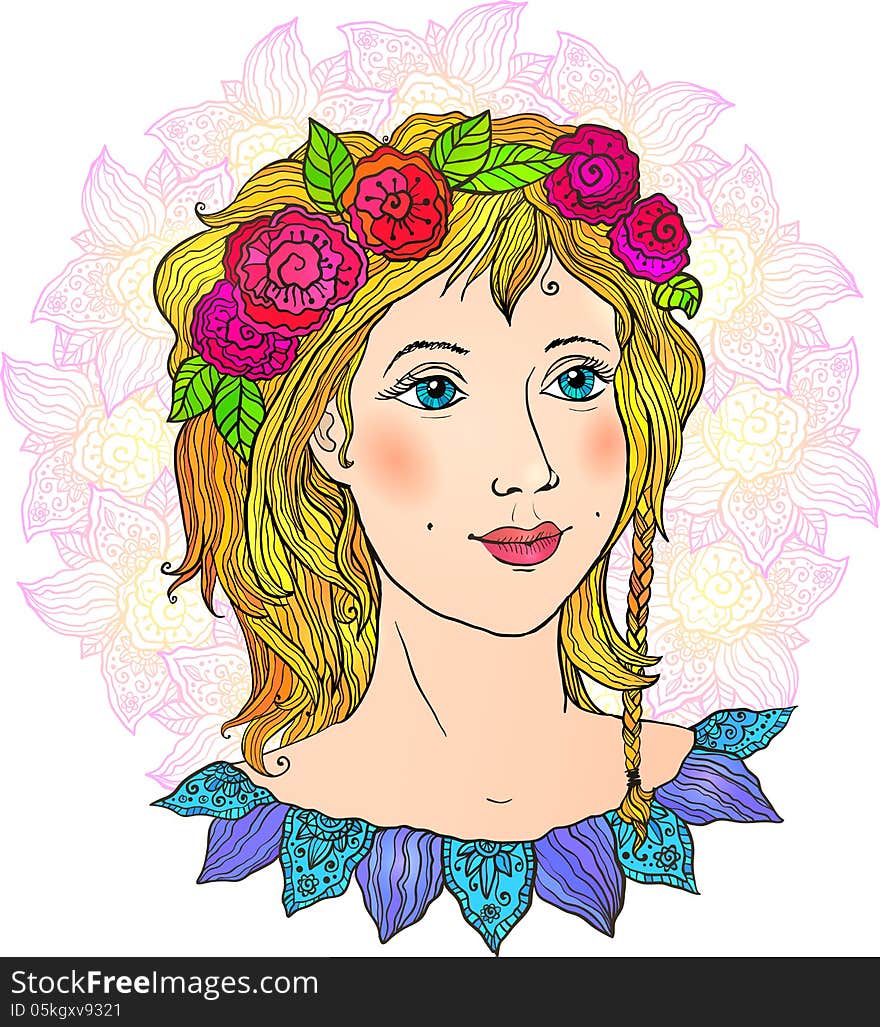 Pretty girl hand-drawn vector face in flowers. This is file of EPS10 format.