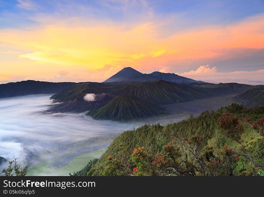 Bromo Mountain in Tengger Semeru National Park at sunrise