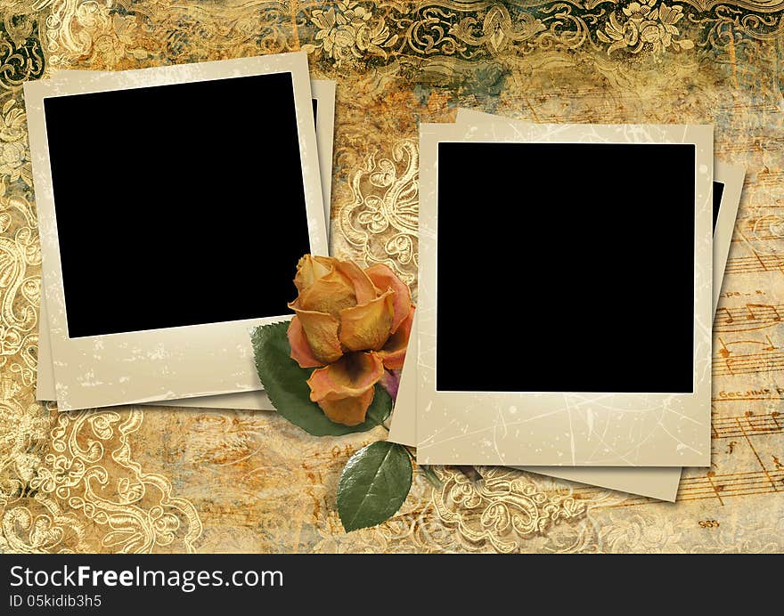 Vintage shabby background with polaroid-frame, roses, lace and with the space for text or photo. Vintage shabby background with polaroid-frame, roses, lace and with the space for text or photo