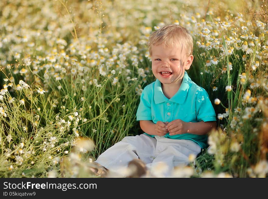 On the nature of the little baby playing and smiling on a field strewn with wild daisies. On the nature of the little baby playing and smiling on a field strewn with wild daisies