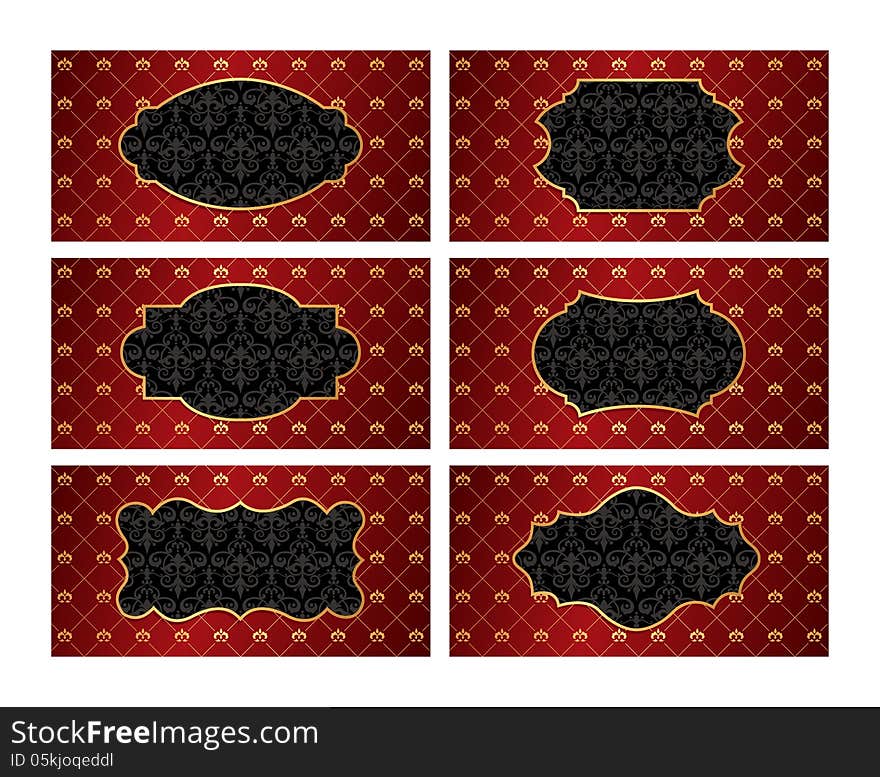 Set of vintage golden black labels with red damask background. Set of vintage golden black labels with red damask background