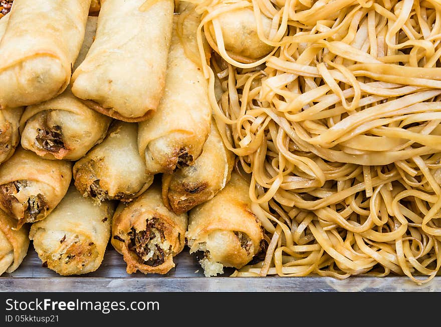 Close up of spring rolls and noodles at Khao San Road in bangkom, Thailand. Close up of spring rolls and noodles at Khao San Road in bangkom, Thailand.