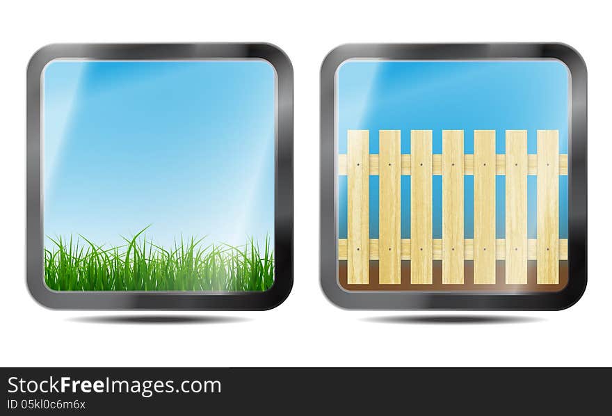 New set of modern buttons with green grass and wooden fence. New set of modern buttons with green grass and wooden fence