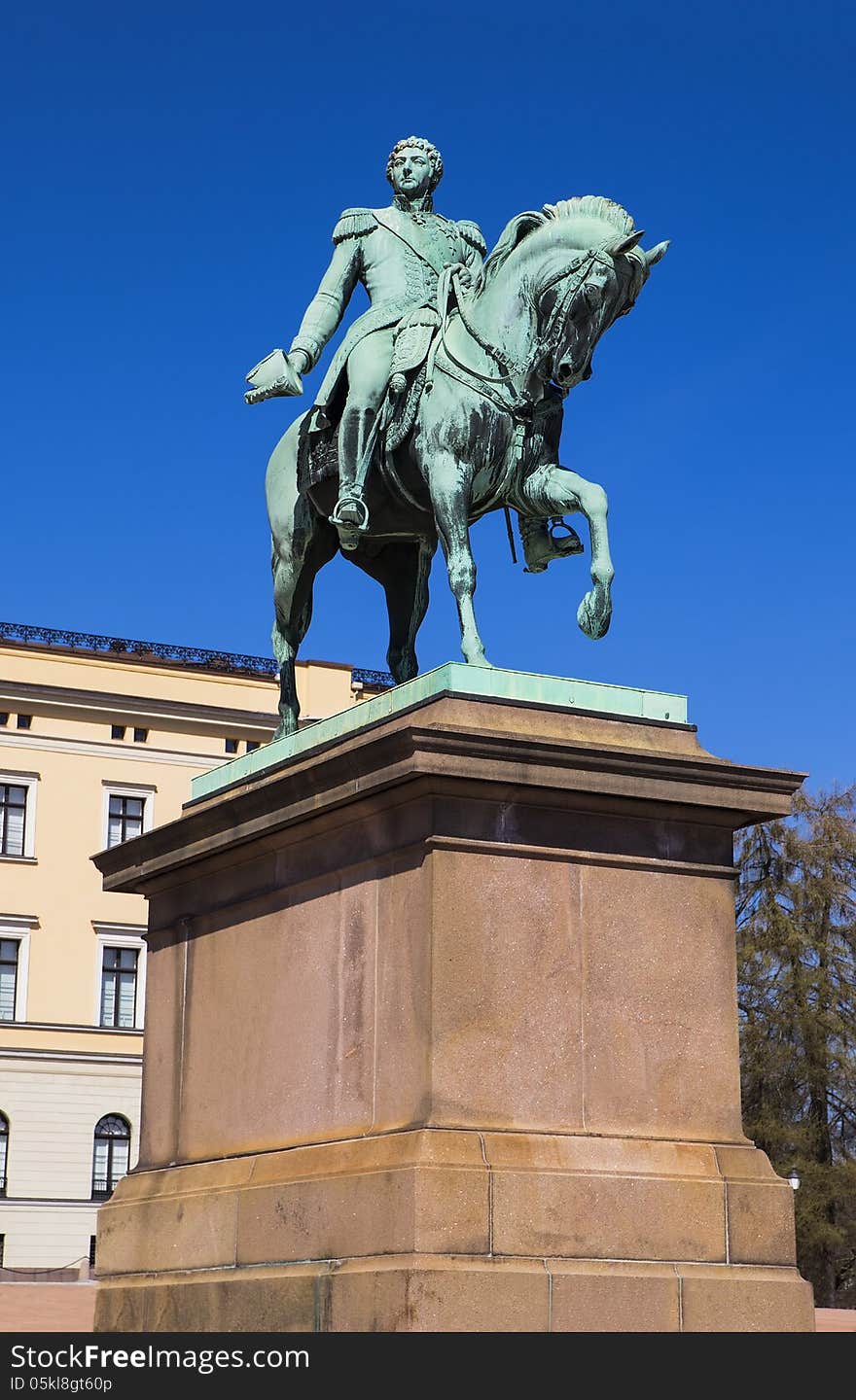 Monarch monument on the square in front of the Royal Palace in Oslo. Norway.