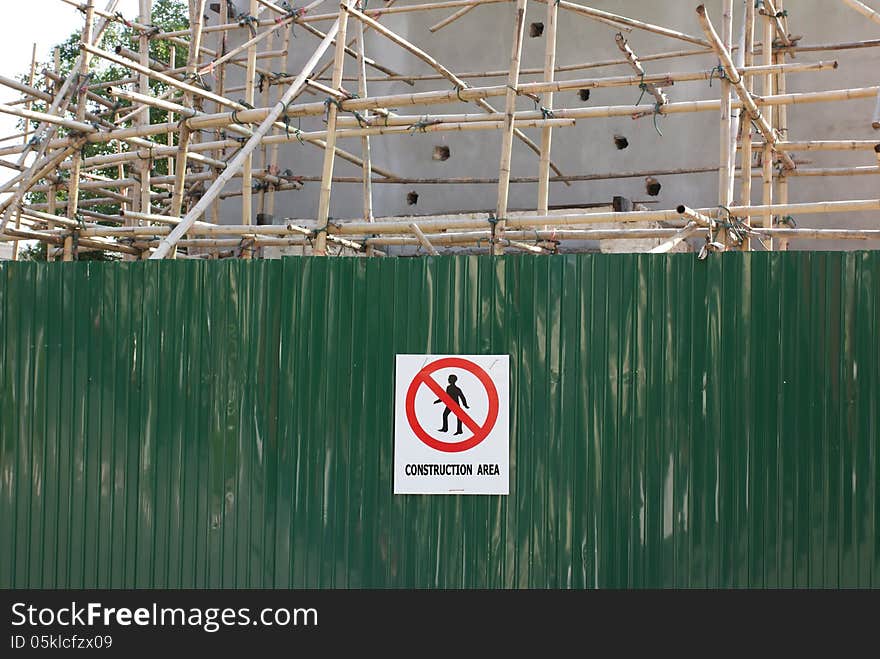 Warning and forbid sign fixed on zinc plate in construction area