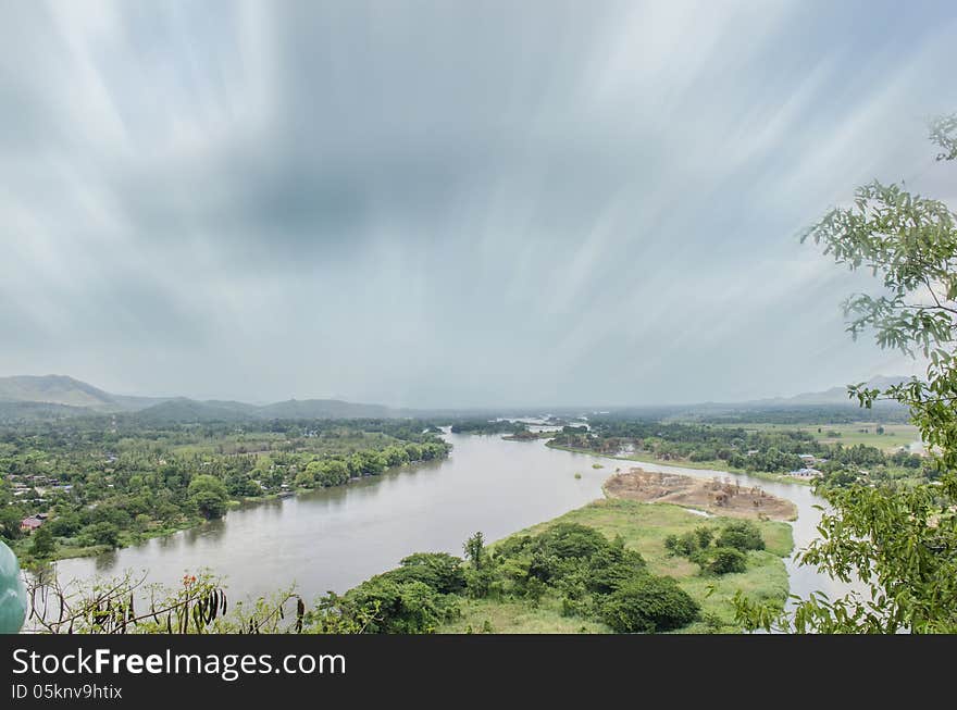 Landscape From Hill Beside River, Moving Cloud, Trees