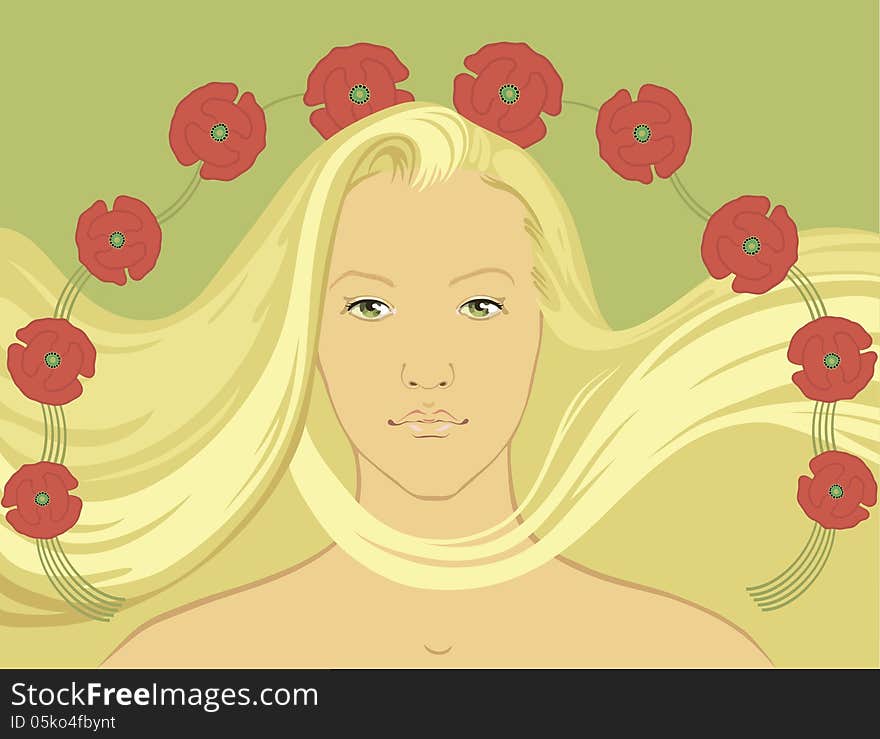 illustration (vector EPS8 version include) of blond girl with fly-away hair surrounded by copper-roses