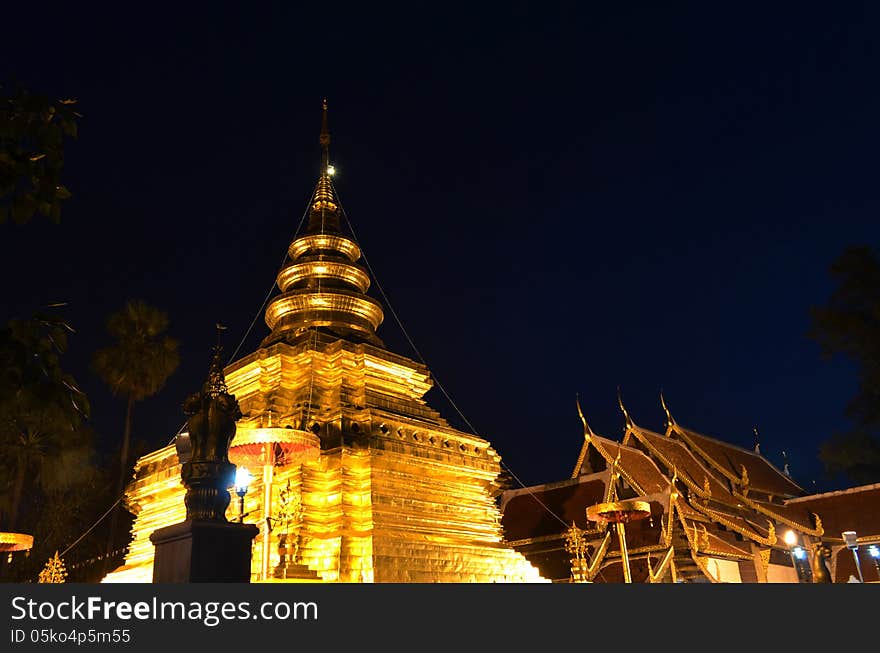 Phra That Sri Jom Thong Before Sunrise, Series 1_2, Golden Pagoda on Spot Light, Chiang Mai province, Thailand