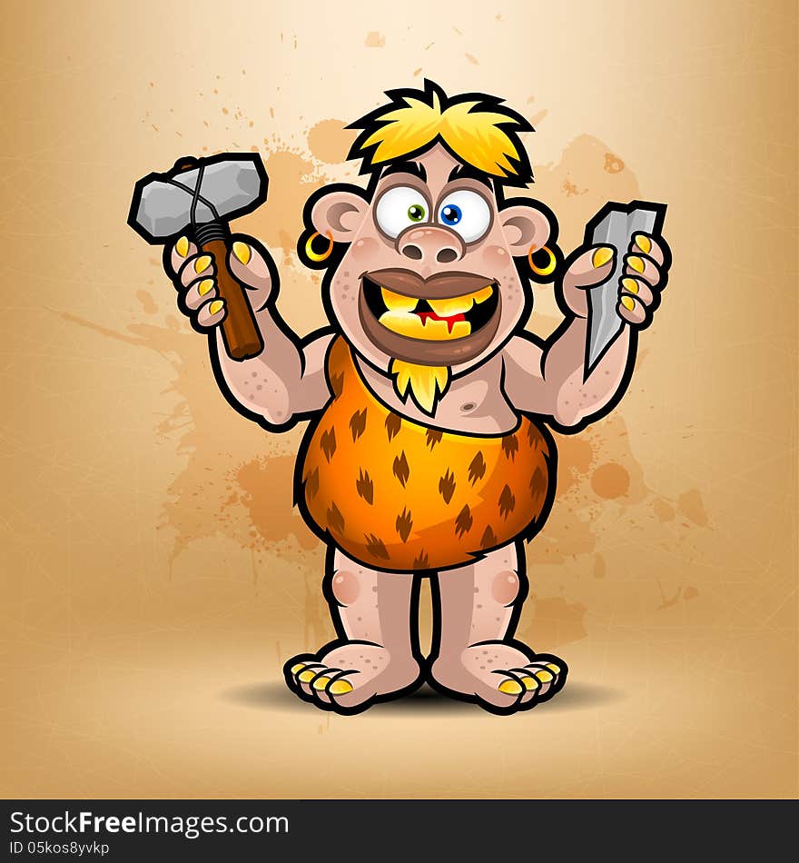 Illustration neanderthal holds stone and hammer, format EPS 10