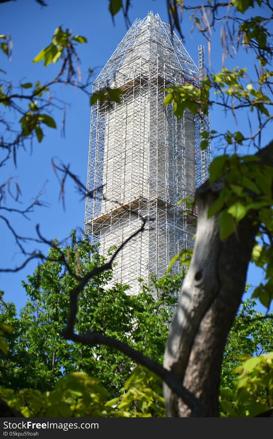 The Washington Monument under reconstruction.